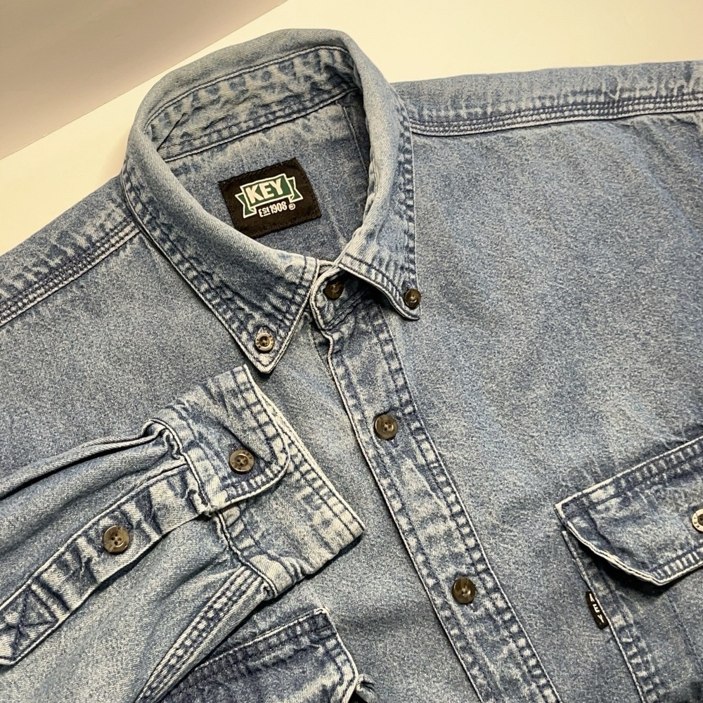 Key Denim Shirt Mens Large Tall Blue Long‎ Sleeve Button Front Western Cowboy
